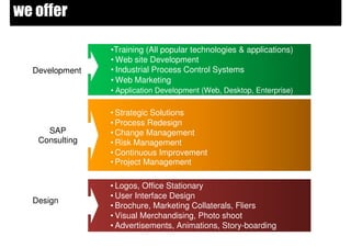 we offer

                •Training (All popular technologies & applications)
                • Web site Development
  Development   • Industrial Process Control Systems
                • Web Marketing
                • Application Development (Web, Desktop, Enterprise)

                • Strategic Solutions
                • Process Redesign
     SAP        • Change Management
   Consulting   • Risk Management
                • Continuous Improvement
                • Project Management

                • Logos, Office Stationary
                • User Interface Design
  Design
                • Brochure, Marketing Collaterals, Fliers
                • Visual Merchandising, Photo shoot
                • Advertisements, Animations, Story-boarding
 