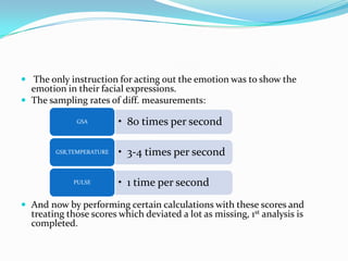  The only instruction for acting out the emotion was to show the emotion in their facial expressions.The sampling rates of diff. measurements:And now by performing certain calculations with these scores and treating those scores which deviated a lot as missing, 1st analysis is completed.