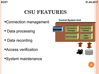 KCET                                                        01.04.2011



            CSU FEATURES
                               Central System Unit
 Connection management
                                       Connection     Visualization
                          Bluetooth
  Data processing                      Manager          Module

                                                         Data
                                      Data Analysis
                                                        Logger
  Data recording

 Access verification

 System maintenance
                                                                 19
 