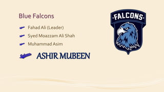 Blue Falcons
Fahad Ali (Leader)
Syed Moazzam Ali Shah
Muhammad Asim
ASHIR MUBEEN
 