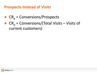 Prospects Instead of Visits
● CRp = Conversions/Prospects
● CRp = Conversions/(Total Visits – Visits of
current customers)
 