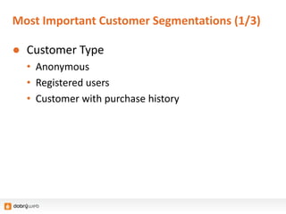 Most Important Customer Segmentations (1/3)
● Customer Type
• Anonymous
• Registered users
• Customer with purchase history
 