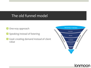 The old funnel model


 One-way approach

 Speaking instead of listening

 Goal: creating demand instead of client
  value
 