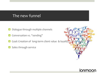 The new funnel


 Dialogue through multiple channels

 Conversation vs. “sending”

 Goal: Creation of long-term client value & loyalty

 Sales through service
 