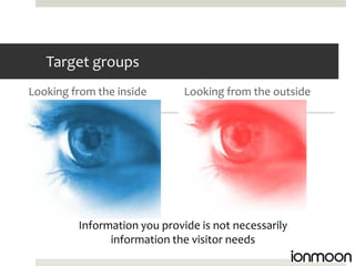 Target groups
Looking from the inside       Looking from the outside




         Information you provide is not necessarily
               information the visitor needs
 
