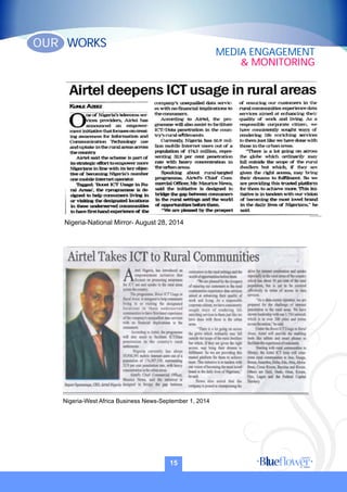 Nigeria-National Mirror- August 28, 2014
Nigeria-West Africa Business News-September 1, 2014
15
WORKSOUR
MEDIA ENGAGEMENT
& MONITORING
 