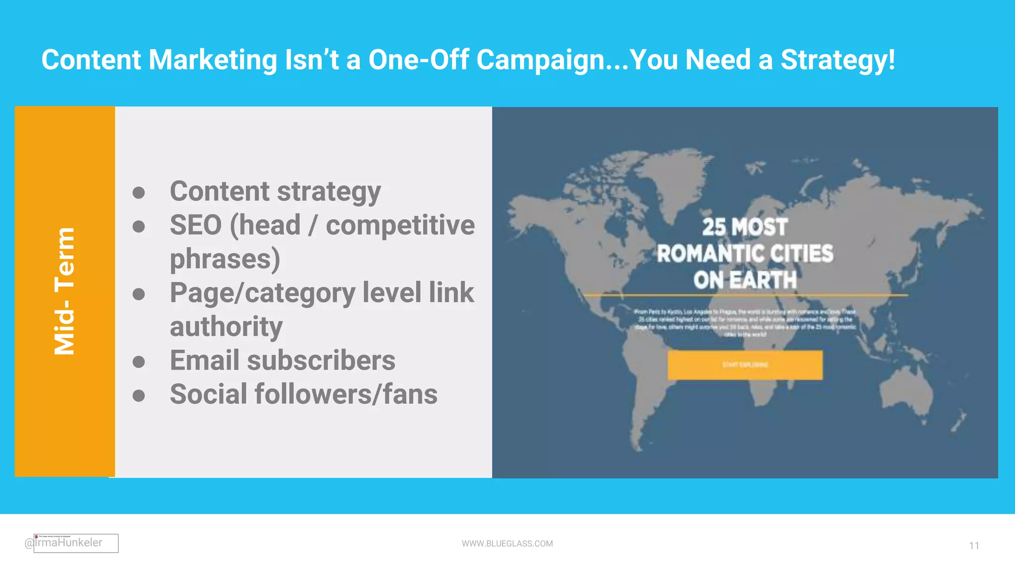 WWW.BLUEGLASS.COM 11
● Content strategy
● SEO (head / competitive
phrases)
● Page/category level link
authority
● Email subscribers
● Social followers/fans
Mid-TermContent Marketing Isn’t a One-Off Campaign...You Need a Strategy!
@IrmaHunkeler
 
