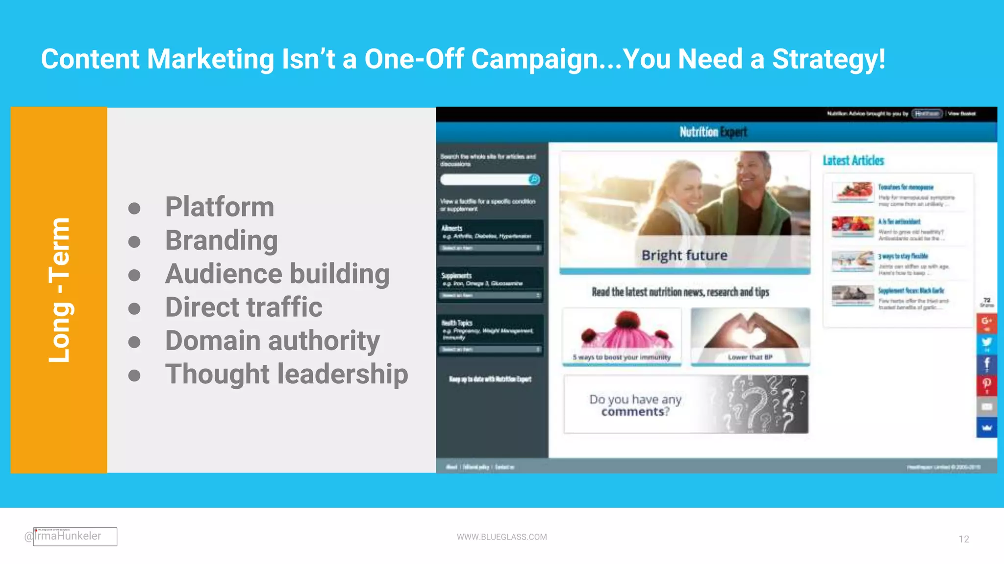 WWW.BLUEGLASS.COM 12
Content Marketing Isn’t a One-Off Campaign...You Need a Strategy!
● Platform
● Branding
● Audience building
● Direct traffic
● Domain authority
● Thought leadership
Long-Term
@IrmaHunkeler
 