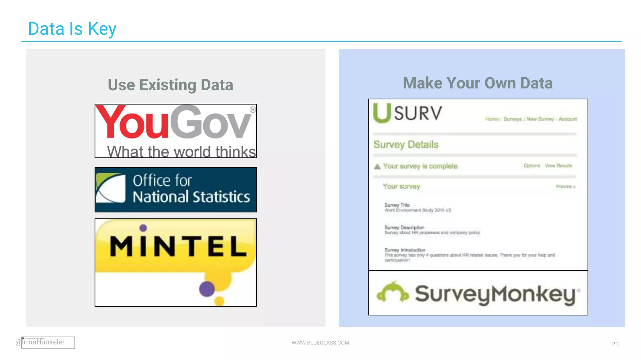 WWW.BLUEGLASS.COM 23
Data Is Key
Use Existing Data Make Your Own Data
@IrmaHunkeler
 