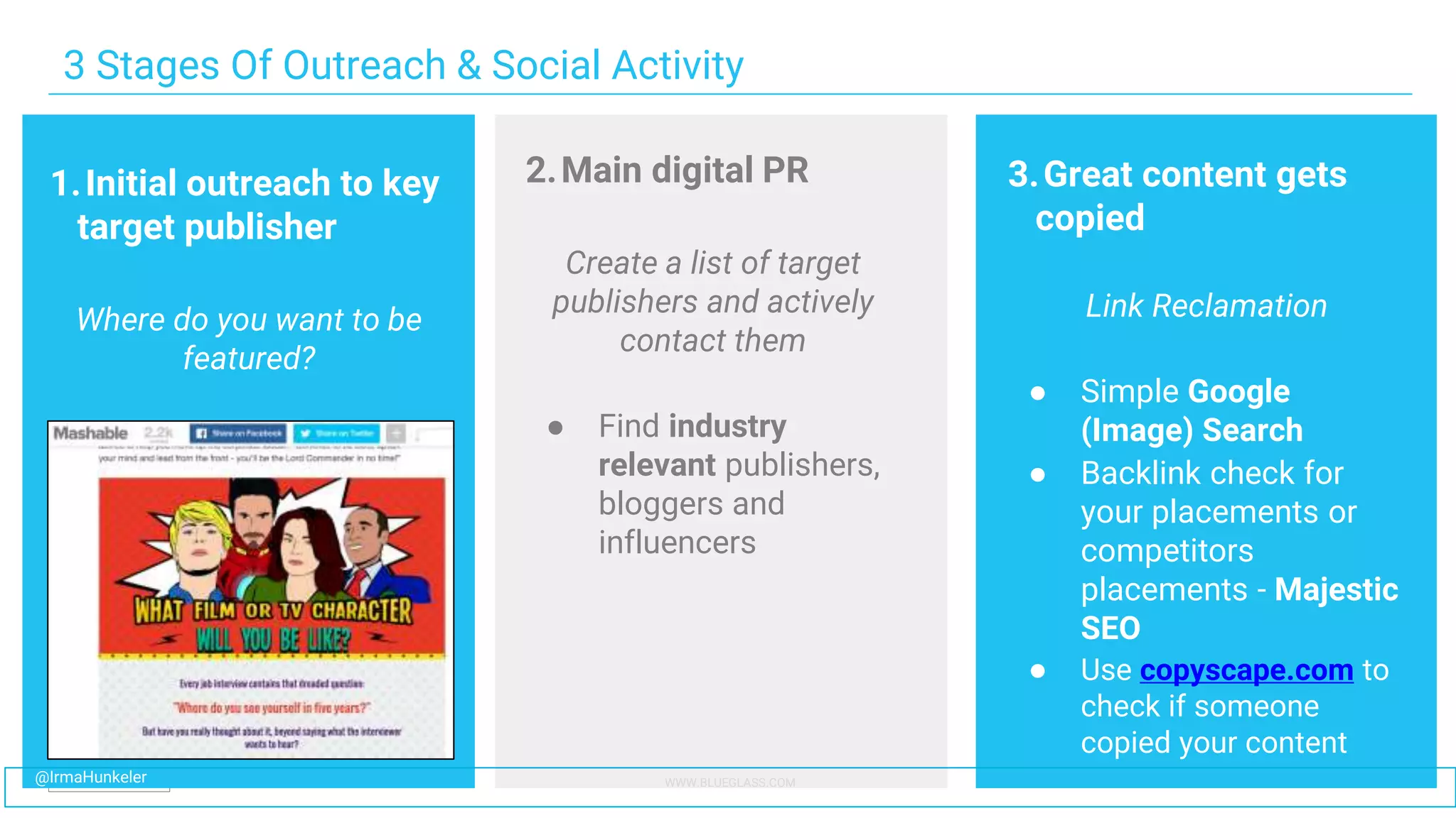 WWW.BLUEGLASS.COM 27
3 Stages Of Outreach & Social Activity
1.Initial outreach to key
target publisher
Where do you want to be
featured?
2.Main digital PR
Create a list of target
publishers and actively
contact them
● Find industry
relevant publishers,
bloggers and
influencers
3.Great content gets
copied
Link Reclamation
● Simple Google
(Image) Search
● Backlink check for
your placements or
competitors
placements - Majestic
SEO
● Use copyscape.com to
check if someone
copied your content
WWW.BLUEGLASS.COM@IrmaHunkeler
 