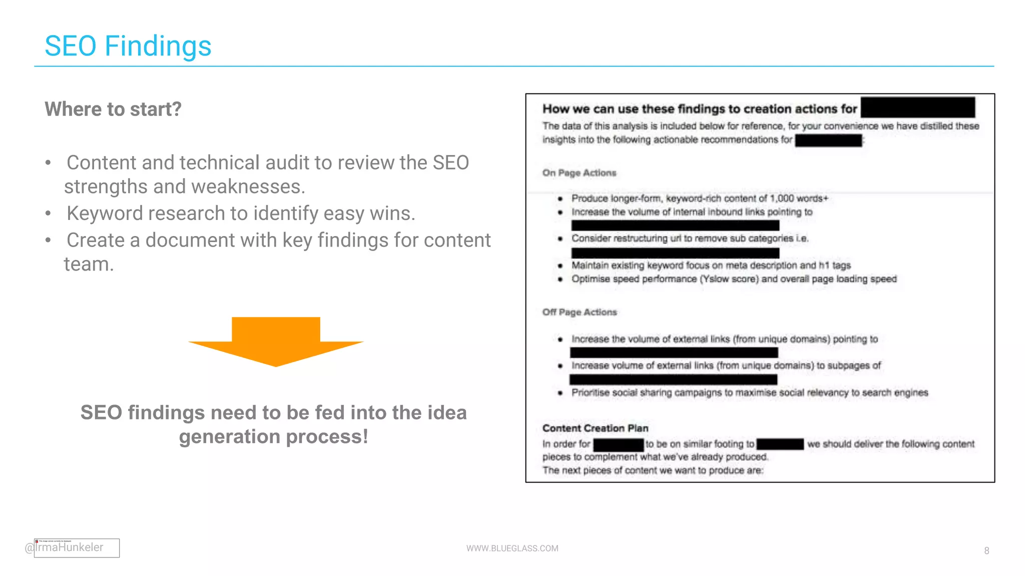 WWW.BLUEGLASS.COM 8
Where to start?
• Content and technical audit to review the SEO
strengths and weaknesses.
• Keyword research to identify easy wins.
• Create a document with key findings for content
team.
SEO Findings
SEO findings need to be fed into the idea
generation process!
@IrmaHunkeler
 