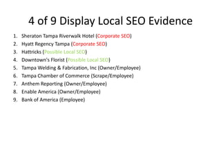4 of 9 Display Local SEO Evidence
1.   Sheraton Tampa Riverwalk Hotel (Corporate SEO)
2.   Hyatt Regency Tampa (Corporate ...
