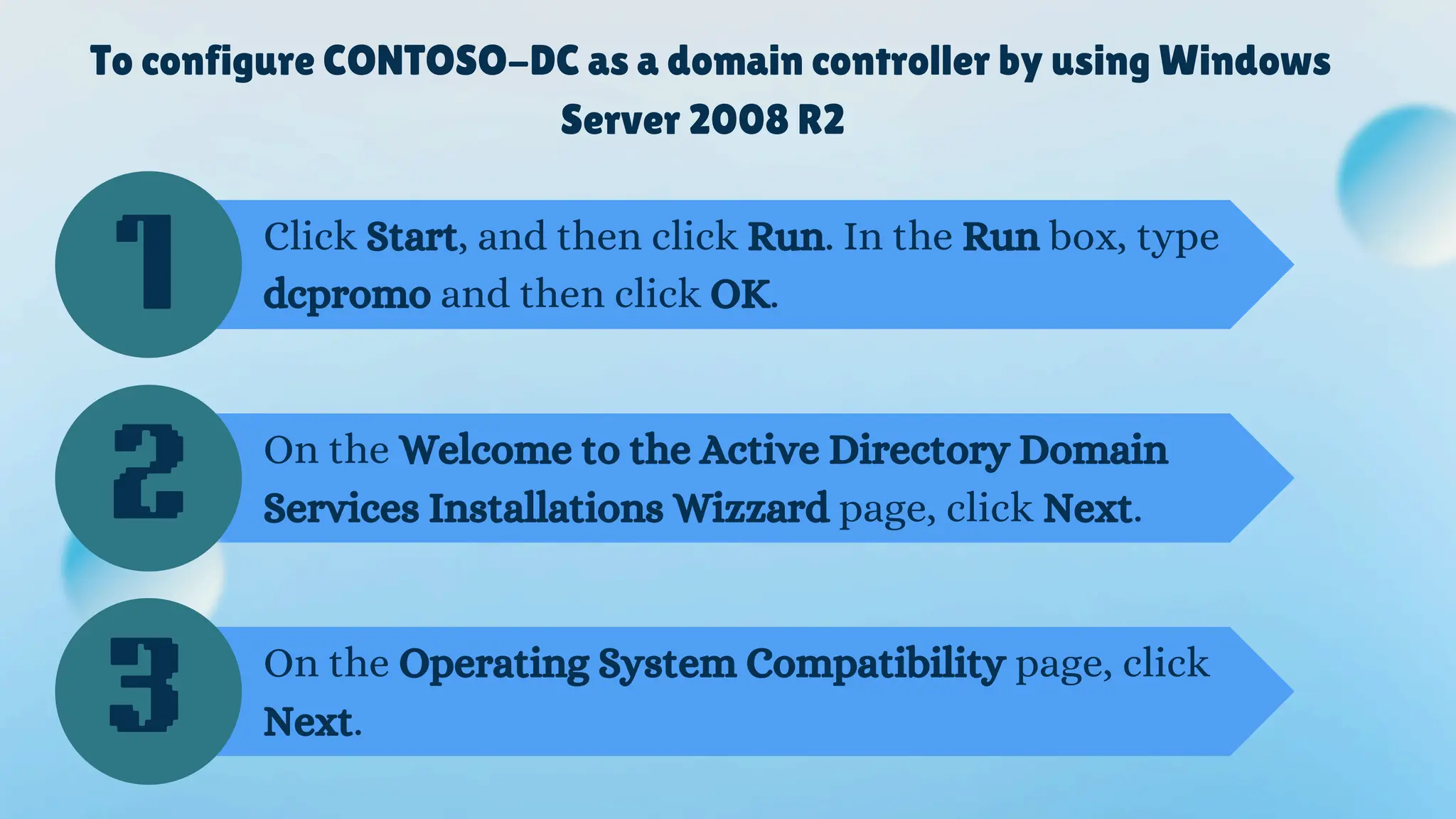 To configure CONTOSO-DC as a domain controller by using Windows
Server 2008 R2
Click Start, and then click Run. In the Run box, type
dcpromo and then click OK.
On the Welcome to the Active Directory Domain
Services Installations Wizzard page, click Next.
On the Operating System Compatibility page, click
Next.
1
2
3
 