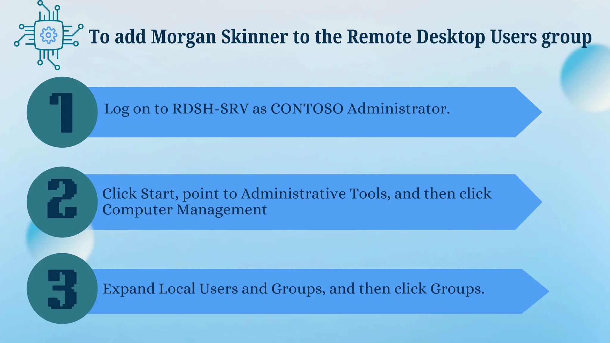 To add Morgan Skinner to the Remote Desktop Users group
1
2
3
Log on to RDSH-SRV as CONTOSO Administrator.
Click Start, point to Administrative Tools, and then click
Computer Management
Expand Local Users and Groups, and then click Groups.
 