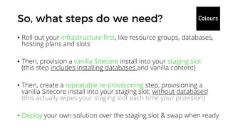 • Roll out your infrastructure first, like resource groups, databases,
hosting plans and slots
• Then, provision a vanilla Sitecore install into your staging slot
(this step includes installing databases and vanilla content)
• Then, create a repeatable re-provisioning step, provisioning a
vanilla Sitecore install into your staging slot, without databases!
(this actually wipes your staging slot each time your provision)
• Deploy your own solution over the staging slot & swap when ready
 