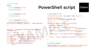[CmdletBinding()]
Param(
[Parameter(Mandatory=$True)]
[string]$PackagePath,
[Parameter(Mandatory=$True)]
[string]$ParamFile,
[Parameter(Mandatory=$False)]
[string]$PackageDestinationPath =
$($PackagePath).Replace(".scwdp.zip", "-nodb.scwdp.zip")
)
$msdeploy = "C:Program FilesIISMicrosoft Web Deploy
V3msdeploy.exe"
$verb = "-verb:sync"
$source = "-source:package=`"$PackagePath`""
$destination = "-dest:package=`"$($PackageDestinationPath)`""
$declareParamFile = "-declareparamfile=`"$($ParamFile)`""
$skipDbFullSQL = "-skip:objectName=dbFullSql"
$skipDbDacFx = "-skip:objectName=dbDacFx"
# read parameter file
[xml]$paramfile_content = Get-Content -Path $ParamFile
$paramfile_paramnames =
$paramfile_content.parameters.parameter.name
$params = ""
foreach($paramname in $paramfile_paramnames){
$tmpvalue = "tmpvalue"
if($paramname -eq "License Xml"){ $tmpvalue =
"LicenseContent"}
if($paramname -eq "IP Security Client IP"){ $tmpvalue =
"0.0.0.0"}
if($paramname -eq "IP Security Client IP Mask"){ $tmpvalue =
"0.0.0.0"}
$params = "$params -setParam:`"$paramname`"=`"$tmpvalue`""
}
# create new package
Invoke-Expression "& '$msdeploy' --% $verb $source $destination
$declareParamFile $skipDbFullSQL $skipDbDacFx $params"
 