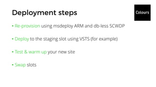 • Re-provision using msdeploy ARM and db-less SCWDP
• Deploy to the staging slot using VSTS (for example)
• Test & warm up your new site
• Swap slots
 
