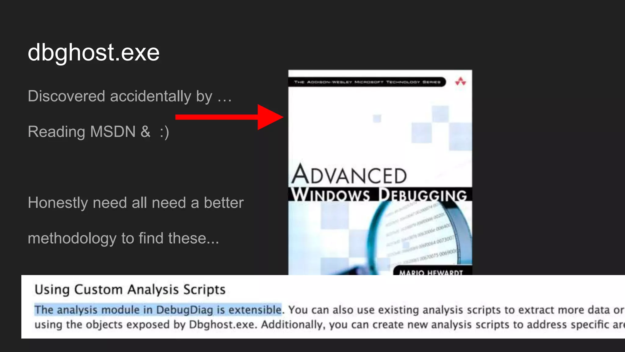 dbghost.exe
Discovered accidentally by …
Reading MSDN & :)
Honestly need all need a better
methodology to find these...
 