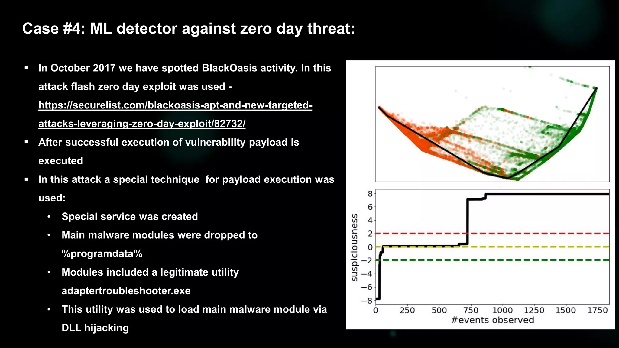 Case #4: ML detector against zero day threat:
 In October 2017 we have spotted BlackOasis activity. In this
attack flash zero day exploit was used -
https://securelist.com/blackoasis-apt-and-new-targeted-
attacks-leveraging-zero-day-exploit/82732/
 After successful execution of vulnerability payload is
executed
 In this attack a special technique for payload execution was
used:
• Special service was created
• Main malware modules were dropped to
%programdata%
• Modules included a legitimate utility
adaptertroubleshooter.exe
• This utility was used to load main malware module via
DLL hijacking
 