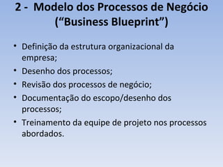 2 -   Modelo dos Processos de Negócio (“Business Blueprint”) Definição da estrutura organizacional da empresa; Desenho dos processos; Revisão dos processos de negócio; Documentação do escopo/desenho dos processos; Treinamento da equipe de projeto nos processos abordados. 