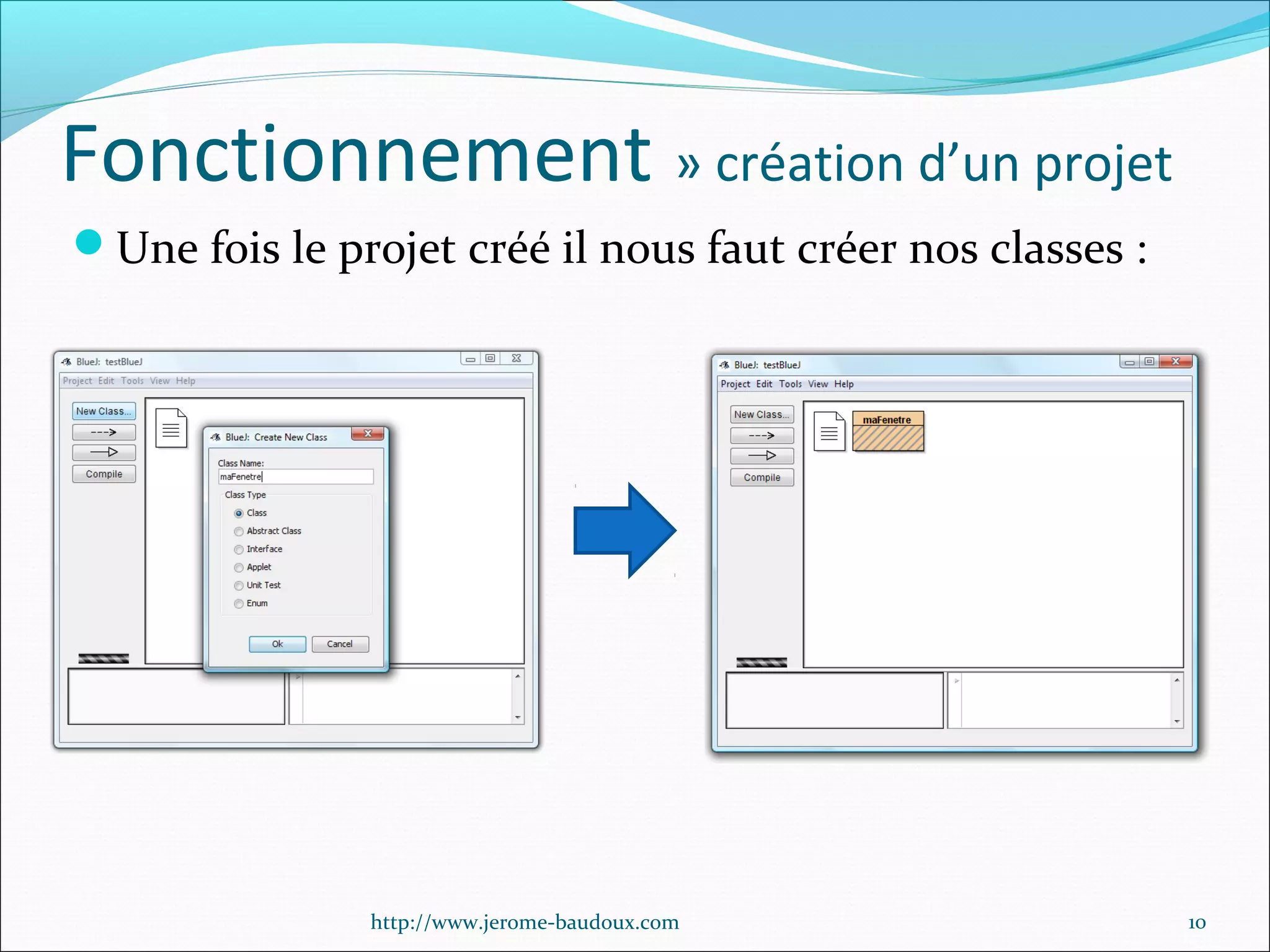 Fonctionnement » création d’un projet
Une fois le projet créé il nous faut créer nos classes :

http://www.jerome-baudoux.com

10

 