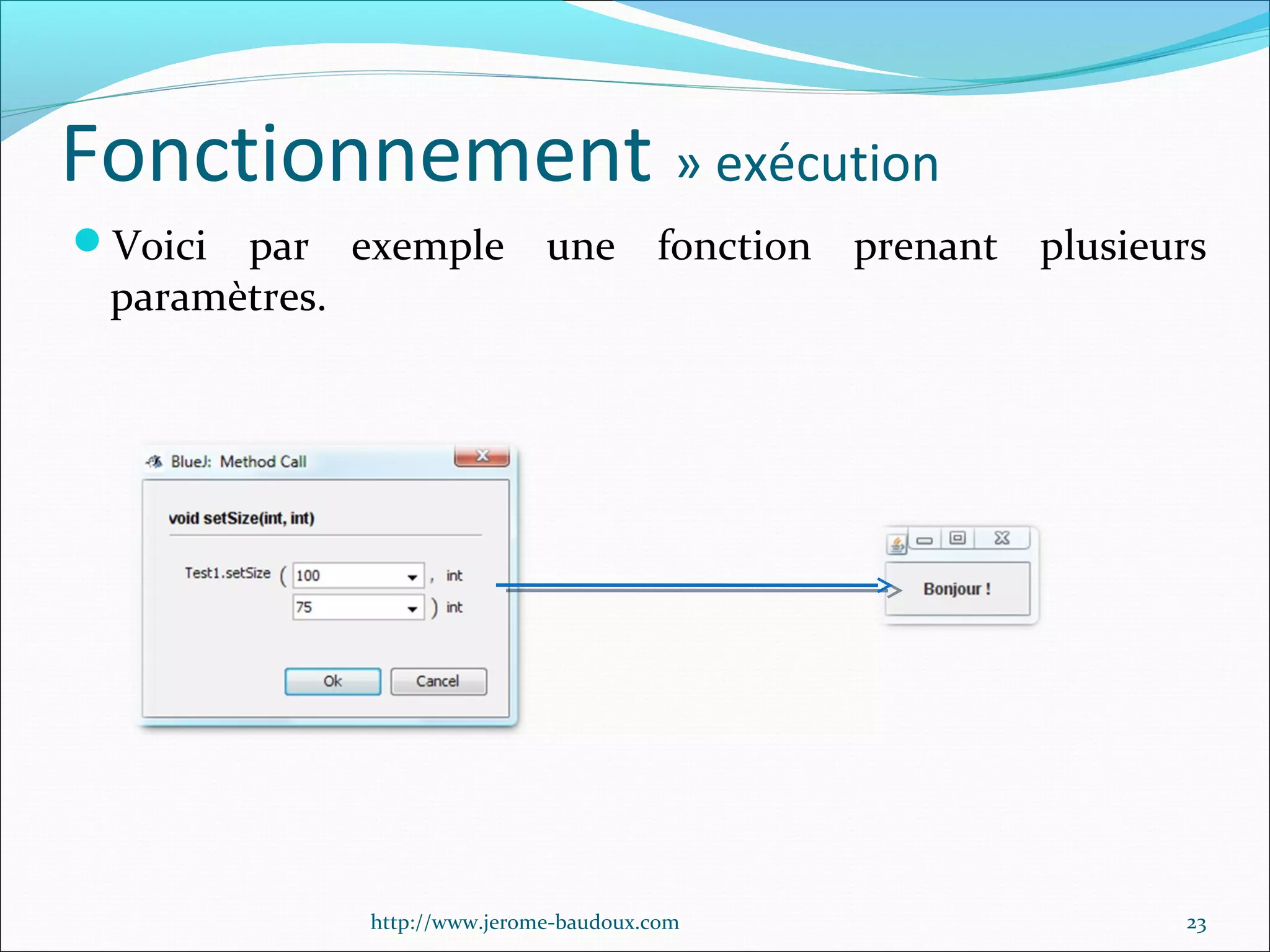 Fonctionnement » exécution
Voici

par exemple une fonction prenant plusieurs
paramètres.

http://www.jerome-baudoux.com

23

 
