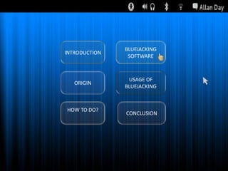INTRODUCTION

BLUEJACKING
SOFTWARE

ORIGIN

USAGE OF
BLUEJACKING

HOW TO DO?

CONCLUSION

 
