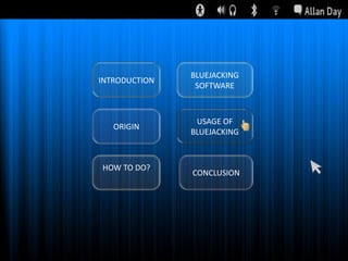 INTRODUCTION

BLUEJACKING
SOFTWARE

ORIGIN

USAGE OF
BLUEJACKING

HOW TO DO?

CONCLUSION

 