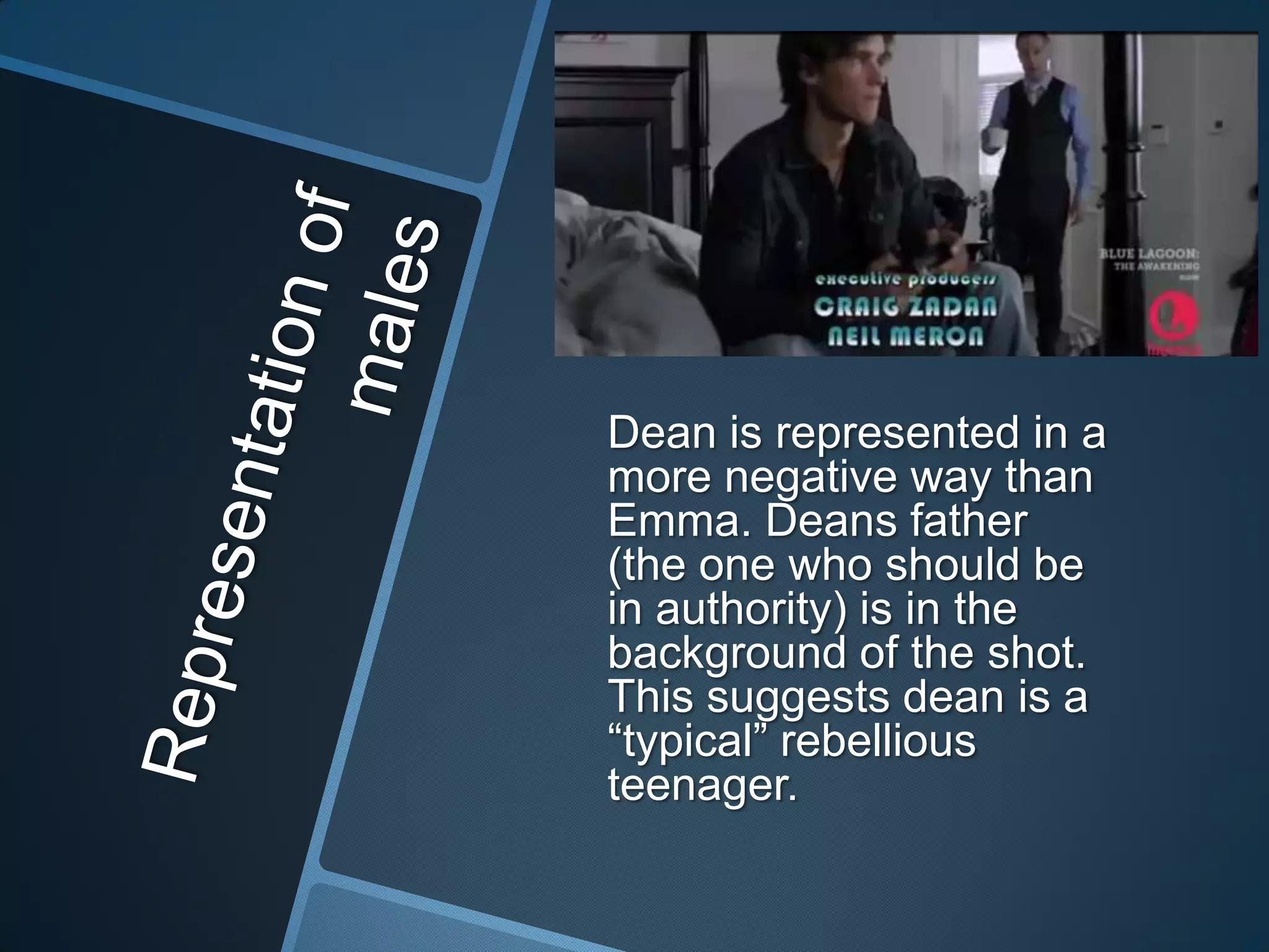 Dean is represented in a
more negative way than
Emma. Deans father
(the one who should be
in authority) is in the
background of the shot.
This suggests dean is a
“typical” rebellious
teenager.

 