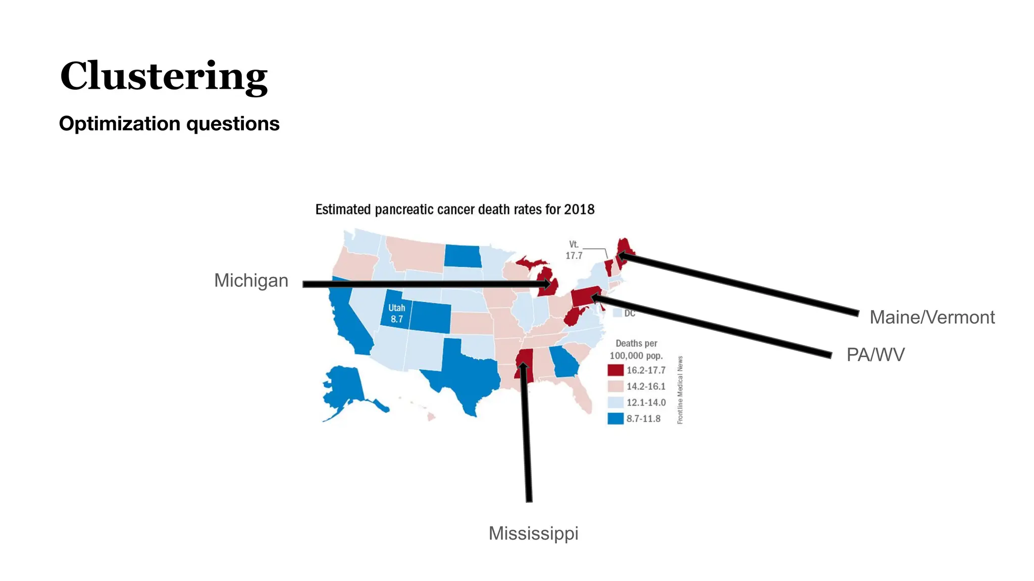 Michigan
Mississippi
Maine/Vermont
PA/WV
Clustering
Optimization questions
 