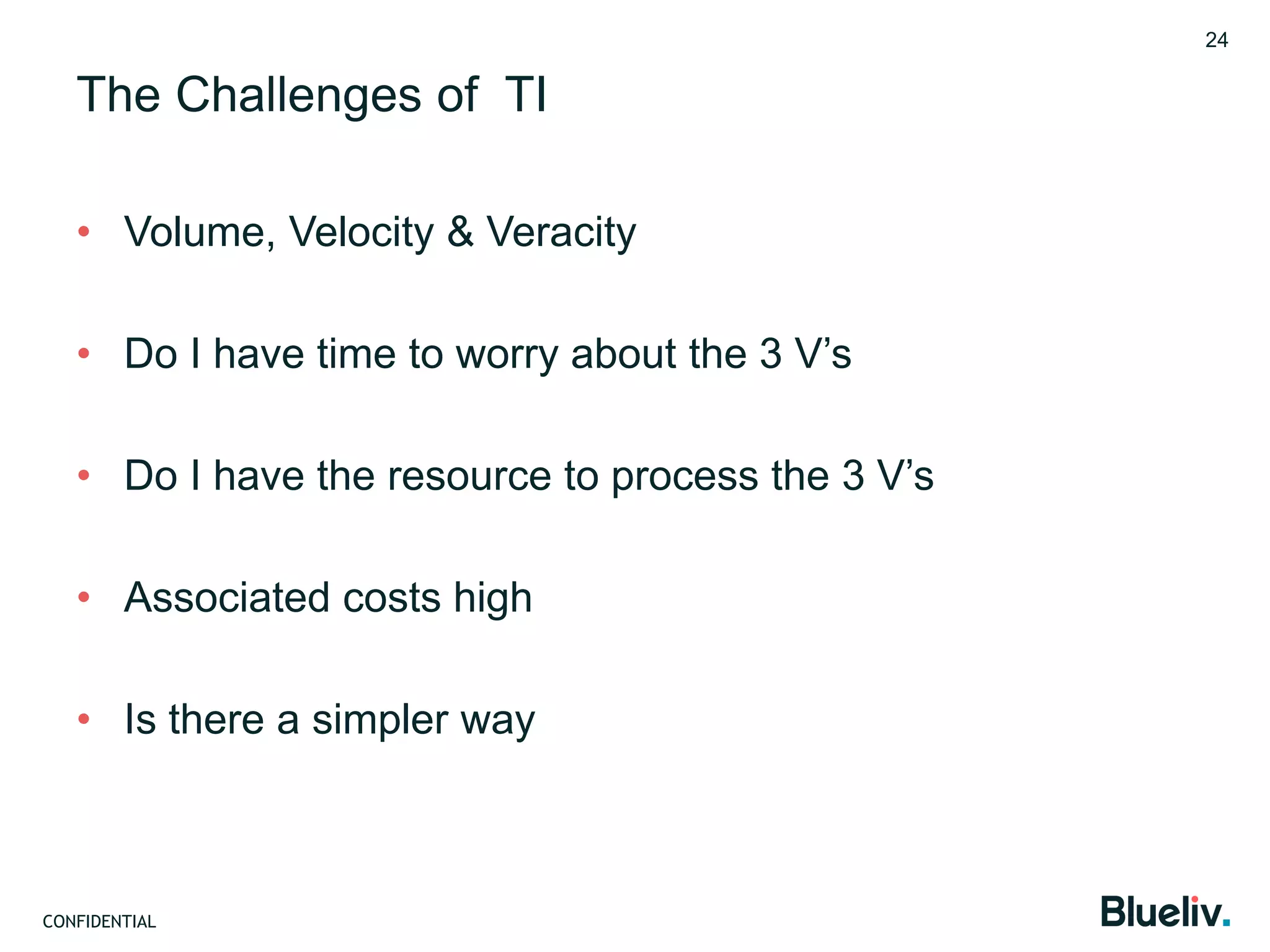CONFIDENTIAL
The Challenges of TI
• Volume, Velocity & Veracity
• Do I have time to worry about the 3 V’s
• Do I have the resource to process the 3 V’s
• Associated costs high
• Is there a simpler way
24
 