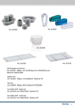 11
Salt & pepper containers
Art. AL3032 700pcs mm 27x38 (2pcs) mm 78x50x20 (1 pc)
Material: SAN/PC/ABS
Napkin clip
Art. AL3035 500pcs mm 64x28x19 Material: PS
Ice caddy shelf - large size
Art. AL1520 mm 765x275x25 Material: PC
Ice caddy shelf - small size
Art. AL1510 mm 378x275x25 Material: PC
Art. AL1520 Art. AL1510
Art. AL3032 Art. AL3035
Art. AL3020
Tea cup
Art. AL3020 500pcs Ø 6.8 Material: PC/PS/ABS
 