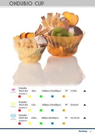 15
OnduBio
341/1-Bio 	 85cc		 1500pcs (15x100pcs)	 PP	 7,7x4h
OnduBio
347/1-Bio 	 115c		 1400pcs (14x100pcs)	 PP	 8,5x4,4h
OnduBio
345/1-Bio 	 250cc	 800pcs (8x100pcs)	 PP	 10,7x5,5h
Available in
Available in
Available in
OnduBio cup
 