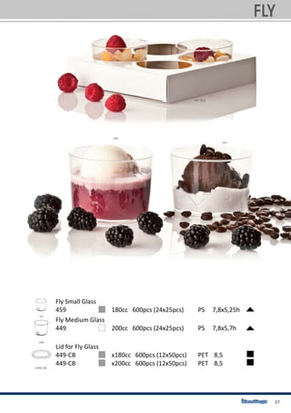 37
459 	 		 180cc 600pcs (24x25pcs) 	 PS 7,8x5,25h
449	 		 200cc 600pcs (24x25pcs) 	 PS 7,8x5,7h
449-CB	 	 x180cc 600pcs (12x50pcs)	 PET	 8,5
449-CB	 	 x200cc 600pcs (12x50pcs)	 PET	 8,5
Fly Small Glass
Fly Medium Glass
Lid for Fly Glass
FLY
 
