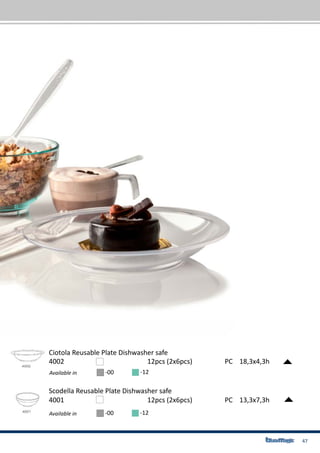 47
4002		 	 		 12pcs (2x6pcs) 		 PC 18,3x4,3h
4001		 	 		 12pcs (2x6pcs)	 	 PC 13,3x7,3h
Ciotola Reusable Plate Dishwasher safe
Scodella Reusable Plate Dishwasher safe
Available in -00 -12
Available in -00 -12
 