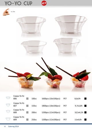 Catering 201452
806			 100cc	 1600pcs (16x100pcs)	 PET 		 8,6x3h
Coppa Yo-Yo
YO-YO CUP
807			 150cc	 1800pcs (18x100pcs)	 PET 	 9,7x3,8h
Coppa Yo-Yo
808			 200cc	 1200pcs (12x100pcs)	 PET 		 10,5x4,3h
Coppa Yo-Yo
809			 250cc	 1200pcs (12x100pcs)	 PET 		 11x4,6h
Coppa Yo-Yo
 