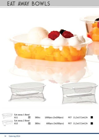 Catering 201458
612		 	 380cc 	 600pcs (3x200pcs)	 PET 11,5x17,5x4,5h
611		 	 380cc 	 1000pcs (5x200pcs)	 PET 11,5x17,5x4,5h
Eat away 2 Bowl
Eat away 1 Bowl
EAT AWAY bowls
 