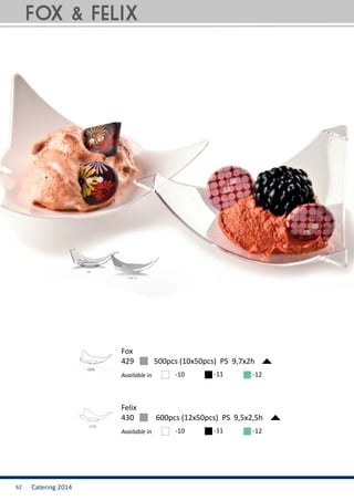 Catering 201462
429	 500pcs (10x50pcs) PS 9,7x2h
Fox
Available in -10 -11 -12
430	 600pcs (12x50pcs) PS 9,5x2,5h
Felix
Available in -10 -11 -12
Fox & Felix
 