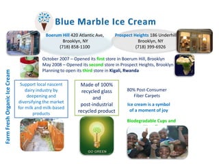 Blue Marble Ice Cream Boerum Hill 420 Atlantic Ave,  Brooklyn, NY‎  (718) 858-1100‎ Prospect Heights 186 Underhill Ave,  Brooklyn, NY‎ (718) 399-6926‎ October 2007 – Opened its first store in Boerum Hill, Brooklyn May 2008 – Opened its second store in Prospect Heights, Brooklyn Planning to open its third store in Kigali, Rwanda Support local nascent dairy industry by deepening and diversifying the market for milk and milk-based products Made of 100% recycled glass and  post-industrial recycled product 80% Post-Consumer Fiber Carpets Ice cream is a symbol of a moment of joy Farm Fresh Organic Ice Cream Biodegradable Cups and Utensils 