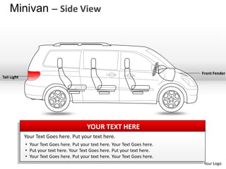 Minivan – Side View




                                                                               Front Fender
Tail Light




                                           YOUR TEXT HERE
             Your Text Goes here. Put your text here.
             • Your Text Goes here. Put your text here. Your Text Goes here.
             • Put your text here. Your Text Goes here. Put your text here.
             • Your Text Goes here. Put your text here. Your Text Goes here.
                                                                                Your Logo
 