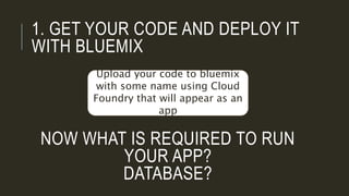 1. GET YOUR CODE AND DEPLOY IT
WITH BLUEMIX
Upload your code to bluemix
with some name using Cloud
Foundry that will appear as an
app
NOW WHAT IS REQUIRED TO RUN
YOUR APP?
DATABASE?
 