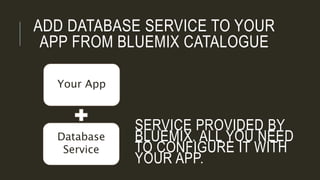 ADD DATABASE SERVICE TO YOUR
APP FROM BLUEMIX CATALOGUE
Your App
Database
Service
SERVICE PROVIDED BY
BLUEMIX. ALL YOU NEED
TO CONFIGURE IT WITH
YOUR APP.
 