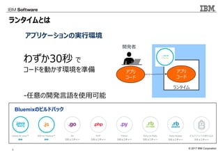 © 2017 IBM Corporation4
ランタイムとは
アプリケーションの実行環境
ランタイム
アプリ
コード
アプリ
コード
開発者
Bluemixのビルドパック
わずか30秒 で
コードを動かす環境を準備
-任意の開発言語を使用可能
 