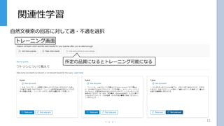 関連性学習
11
トレーニング画面
自然文検索の回答に対して適・不適を選択
所定の品質になるとトレーニング可能になる
 