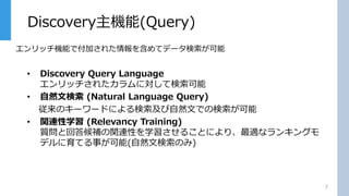 Discovery主機能(Query)
7
• Discovery Query Language
エンリッチされたカラムに対して検索可能
• 自然文検索 (Natural Language Query)
従来のキーワードによる検索及び自然文での検索が可能
• 関連性学習 (Relevancy Training)
質問と回答候補の関連性を学習させることにより、最適なランキングモ
デルに育てる事が可能(自然文検索のみ)
エンリッチ機能で付加された情報を含めてデータ検索が可能
 