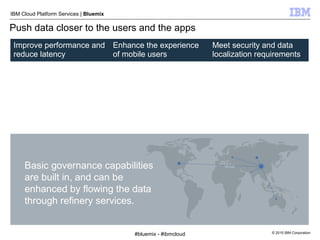© 2015 IBM Corporation
IBM Cloud Platform Services | Bluemix
Push data closer to the users and the apps
Improve performance and
reduce latency
Enhance the experience
of mobile users
Meet security and data
localization requirements
Replicate data from on-premises
into high-performance, web-
scale DBs
Portability and synchronization of
JSON datasets across regions
and networks move data closer
to its users
Native software libraries for
Android and iOS makes it easy
for developers to provide access
to offline mobile data
Locate data in only the countries
where policy and regulations
permit
“Local” deployment options
enable datasets to remain on-
premises
Basic governance capabilities
are built in, and can be
enhanced by flowing the data
through refinery services.
#bluemix - #ibmcloud
 