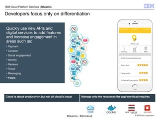 © 2015 IBM Corporation
IBM Cloud Platform Services | Bluemix
Developers focus only on differentiation
Manage only the resources the app/workload requiresCloud is about productivity, but not all cloud is equal
Quickly use new APIs and
digital services to add features
and increase engagement in
areas such as:
• Payment
• Location
• Social engagement
• Identity
• Reviews
• Travel
• Messaging
• Yours
#bluemix - #ibmcloud
 