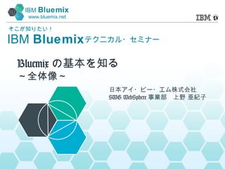 IBM Bluemix
www.bluemix.net
IBM Bluemix
そこが知りたい！
テクニカル・セミナー
日本アイ・ビー・エム株式会社
SWG WebSphere事業部 上野 亜紀子
Bluemixの基本を知る
～全体像～
 