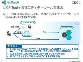 © 2014 IBM Corporation
12
IBM Bluemix
www.bluemix.net
②CF Tool＋各種エディタ＋ツールで開発
ローカル環境に導入したCF Toolと各種エディタやツールを
組み合わせて開発を実施
エディタ＋ツール
Bluemix App実装／ビルド
テスト
Push
ポイント
• Eclipse以外のエディタやツールを使用している開発者（スクリプト言語
など）、コマンド操作やスクリプト作成が苦にならない開発者向け
• ACEを使わずにBluemix環境に対する様々な操作ができる
• 自分の好きなエディタやツールをそのまま使用できる
CF Tool
デプロイ
 