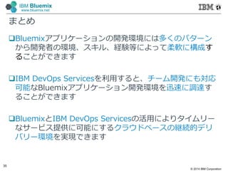 © 2014 IBM Corporation
35
IBM Bluemix
www.bluemix.net
まとめ
Bluemixアプリケーションの開発環境には多くのパターン
から開発者の環境、スキル、経験等によって柔軟に構成す
ることができます
IBM DevOps Servicesを利⽤すると、チーム開発にも対応
可能なBluemixアプリケーション開発環境を迅速に調達す
ることができます
BluemixとIBM DevOps Servicesの活⽤によりタイムリー
なサービス提供に可能にするクラウドベースの継続的デリ
バリー環境を実現できます
 